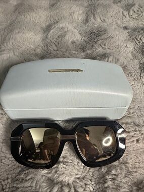 Karen Walker Black Oversized Square Sunglasses with Gold Accents